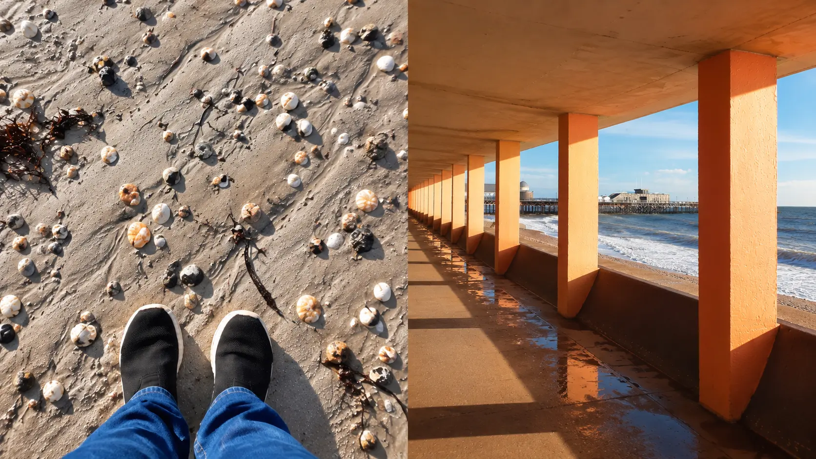 Shells on a beach beside a sunlit orange colonnade overlooking the sea